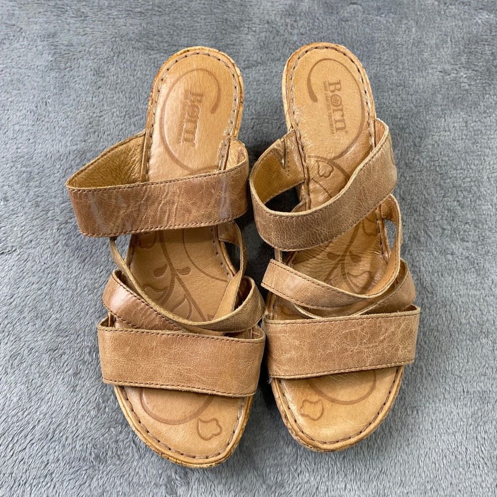 Born Wedge Sandals Women 8 Tan Leather Strappy Cork Platform D65302 Comfort Boho
